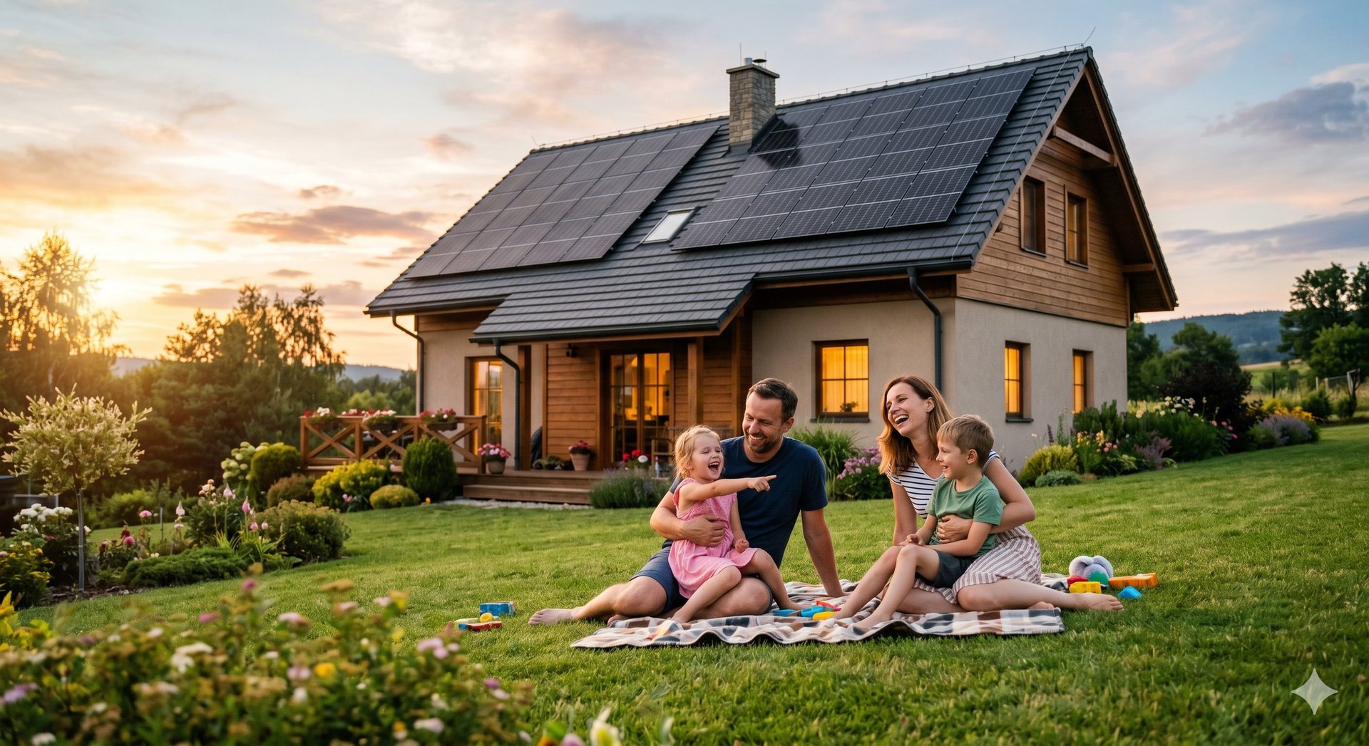 Дом с солнечными панелями и счастливая семья на лужайке на закате